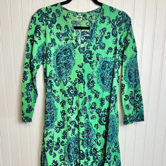 Dolma Green Print Long Sleeve V-Neck Maxi Dress 100% Cotton J34 - Picture 5 of 7
